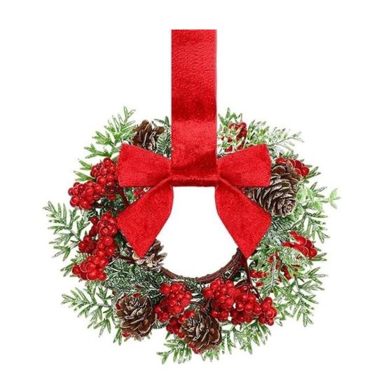 Mini vánoční věnec s červenou sametovou mašlí Dekorace na dvířka skříňky pro kuchyňské okno Selský dům Vchodové dveře Zeď Krb Bobulová girlanda