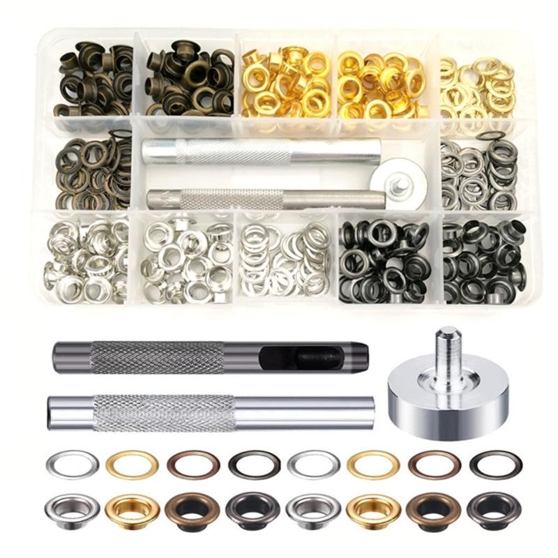 200Pcs 6mm Metal Eyelet with Tool 4 Color Eyelet Grommets Tarpaulin Eyelet with Grommet Setting Tool for Leather Craft