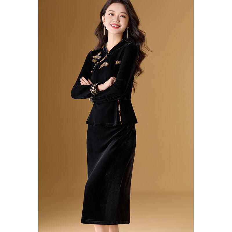Melanie Gilded Butterfly Modern Chinese Style Embroidered Velvet Dress
