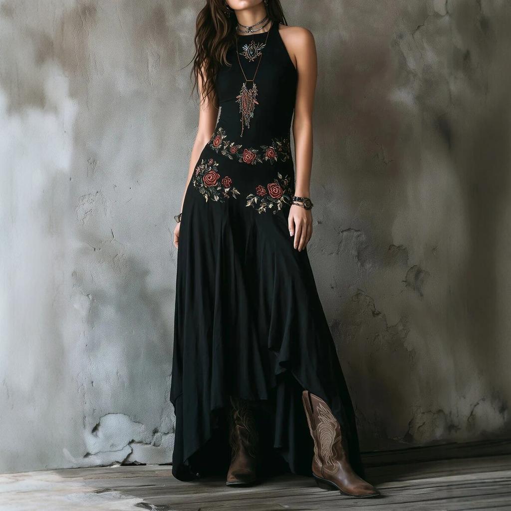 Women's Halter Neck Sleeveless Floral Embroidered Maxi Dress Slim Fit High Waist Irregular Hem Party Dress