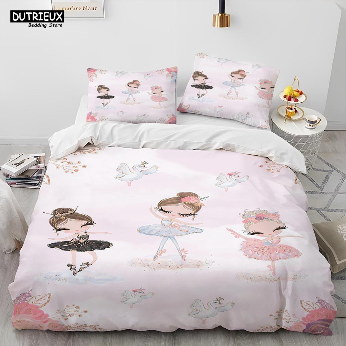 

Cute Cartoon Ballet Girl-Themed Queen Size Bedding Set For Kids - Complete With Comforter Duvet Quilt Cover And Pillowcase EU Single(135*200cm)3pcs