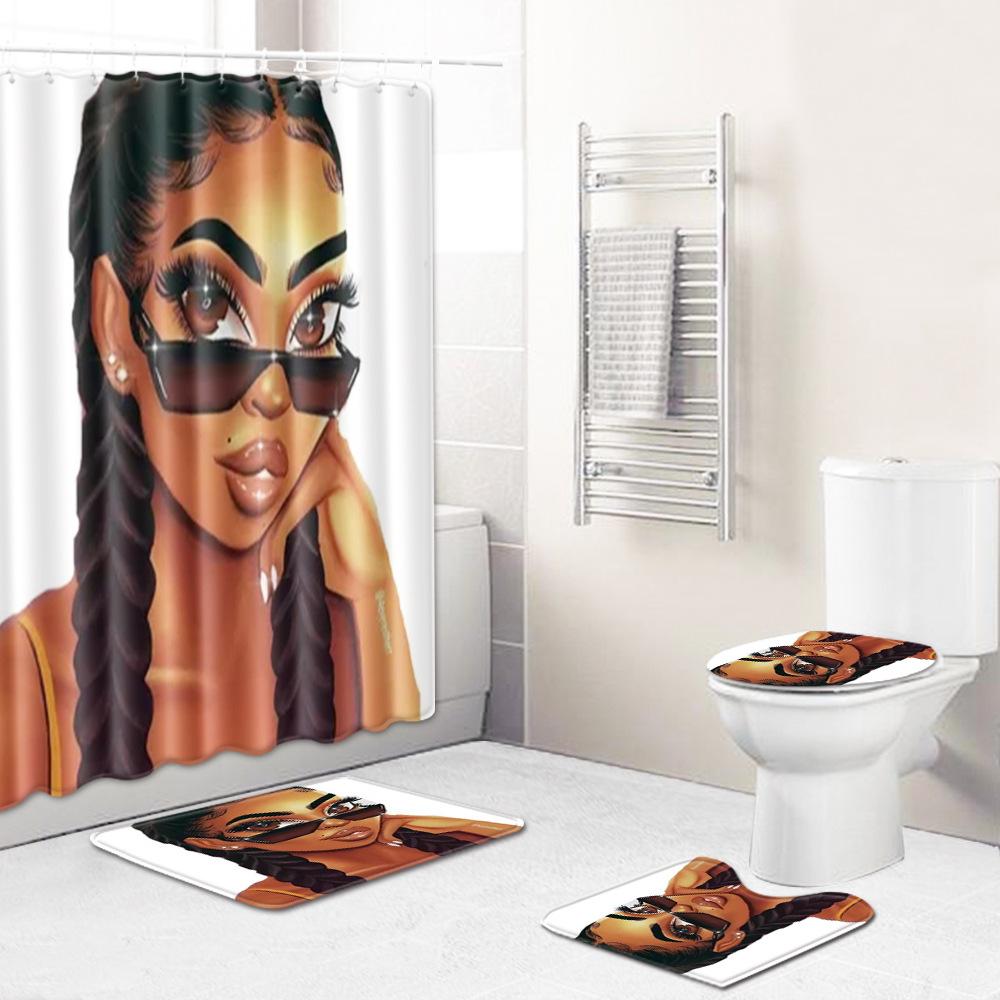 African American Women'S Bathroom Non-Slip Floor Mat, Shower Curtain Combination Carpet, European And American Wind Explosion Female Fixed Zhi