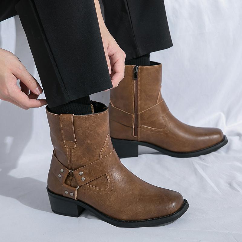 Fashion Square Toe Boots Men PU Solid Color Low Heel Comfortable Non Slip Classic Business Casual Men Short Boots