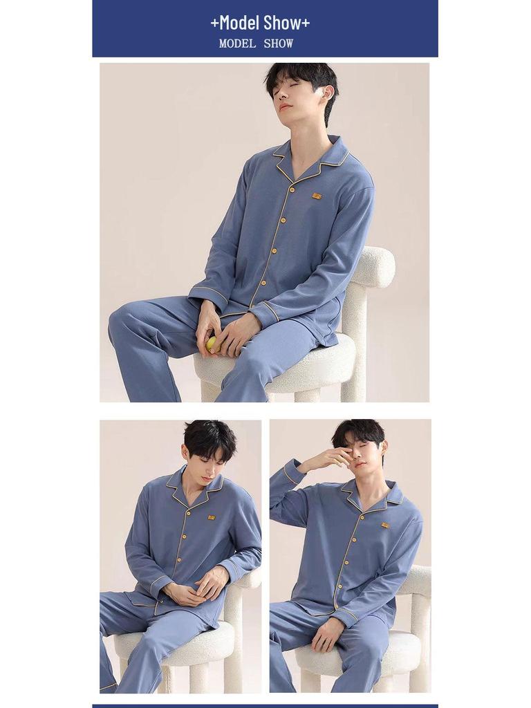 Herren Leichter Luxus Minimalistischer Pyjama - Frühling/Herbst, Langarm, Cardigan, Baumwollimitat, Lässig, Einfach, Lockere Passform, Große Größen Homewear.