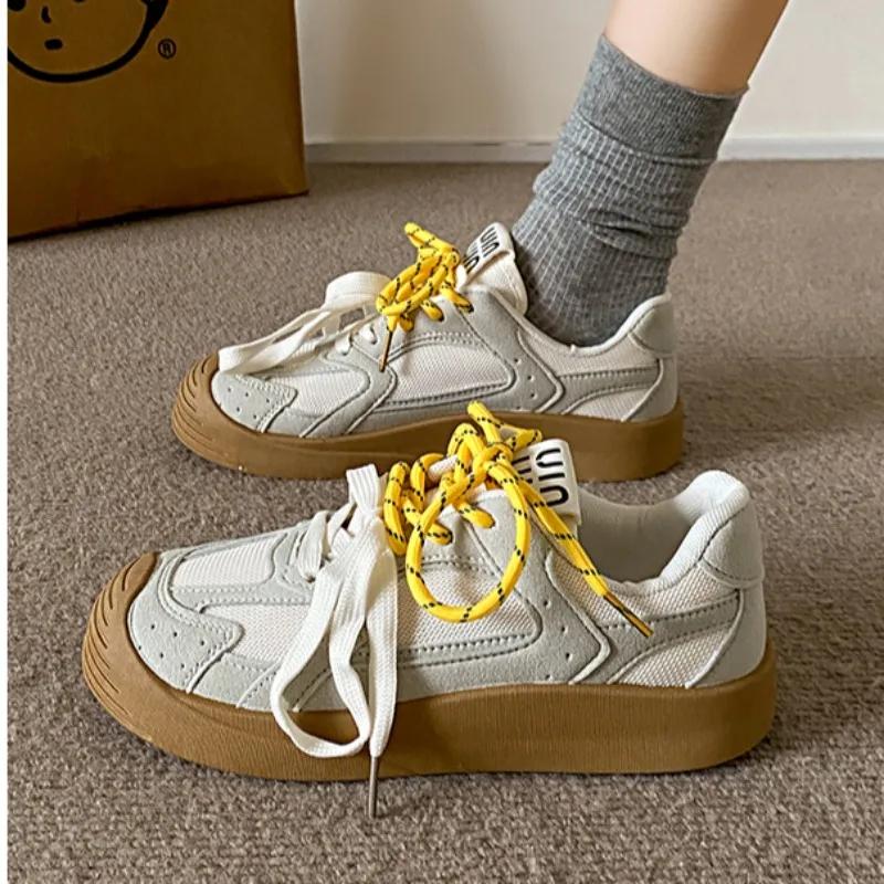 

2024 Ladies Hot Sale Retro Thick Sole Vulcanized Shoes Low Top Suede Casual Sneakers Fashion Lace Up Designer Women Sports Shoes 35 жовтий