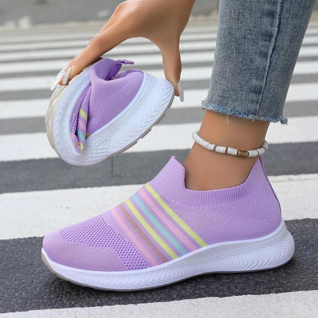 Moda arco-íris listrado tricô tênis para mulheres malha respirável plataforma sapatos esportivos mulher plus size antiderrapante casual tênis sapatos