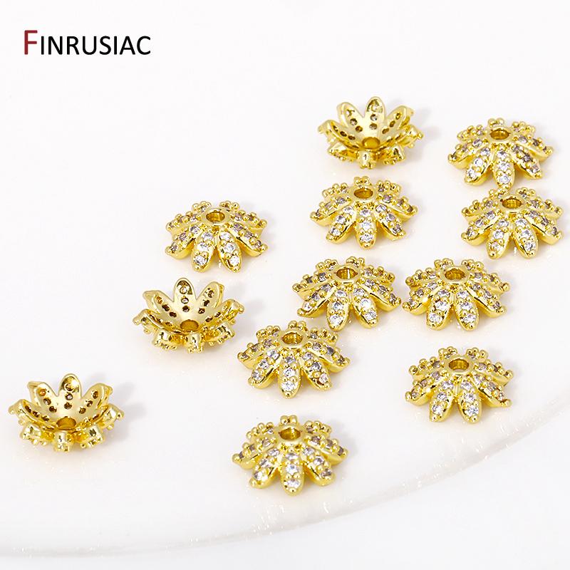 18K Gold Plated Brass Snowflake Bead End Caps,Inlaid Zircon Flower Bead Caps For DIY Bracelet Necklace Making Supplies Findings