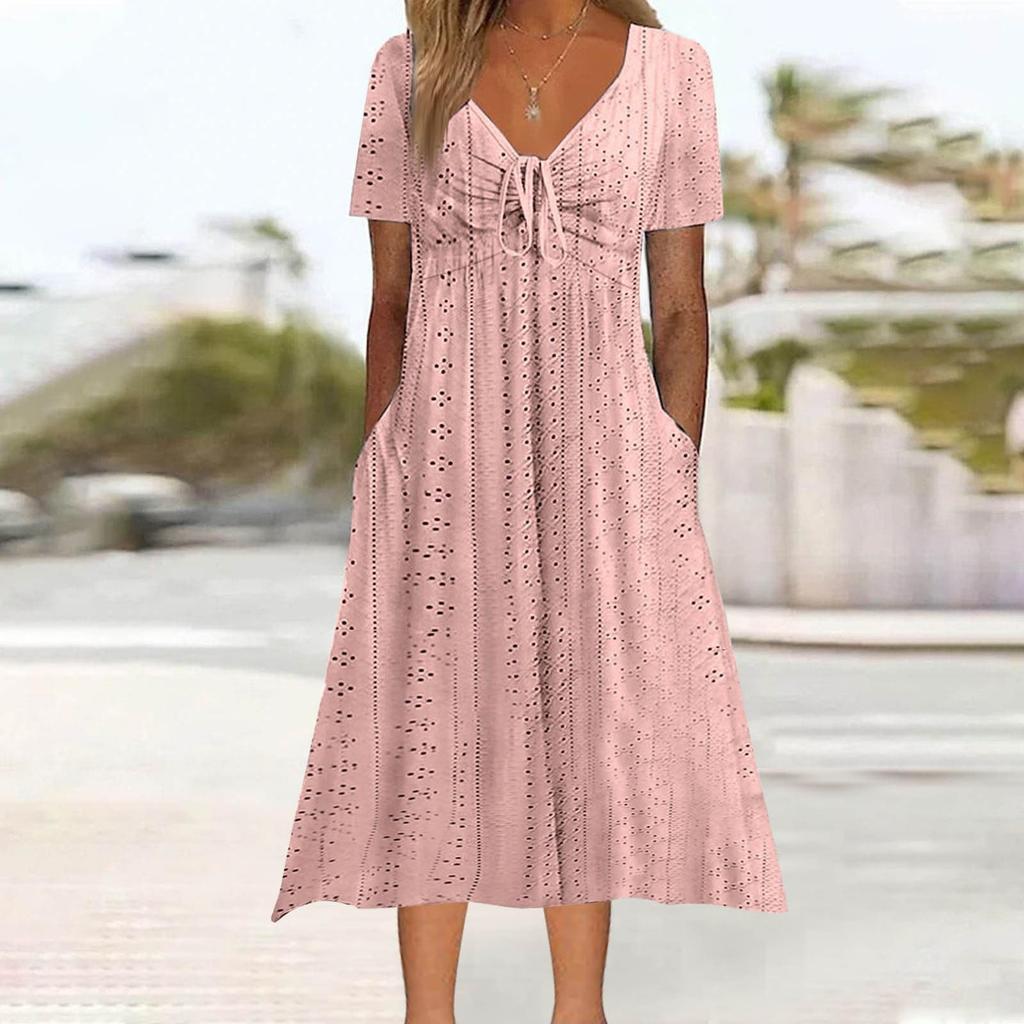 Women's Fashion Casual Solid Color Round Neck Short Sleeve Pocket Dress