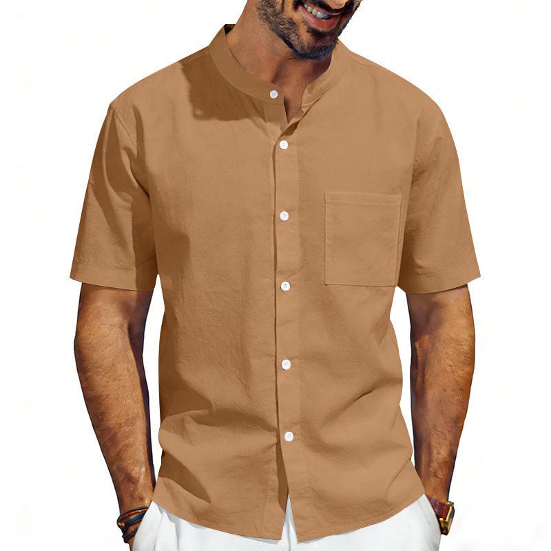 Herren Leinenmischung Hemd mit Mandarin-Kragen Kurzarm, Stehkragen Button-Down mit Brusttasche, Atmungsaktives Lässiges Sommer Oberteil mit Entspannter Passform für den Alltag