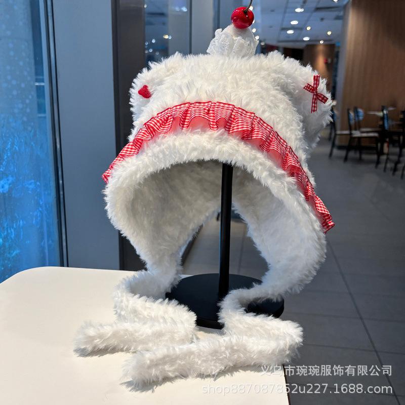Cute cherry bear knitted plush hat female autumn and winter photo bag head ear protection hat soft waxy warm Lei Feng hat