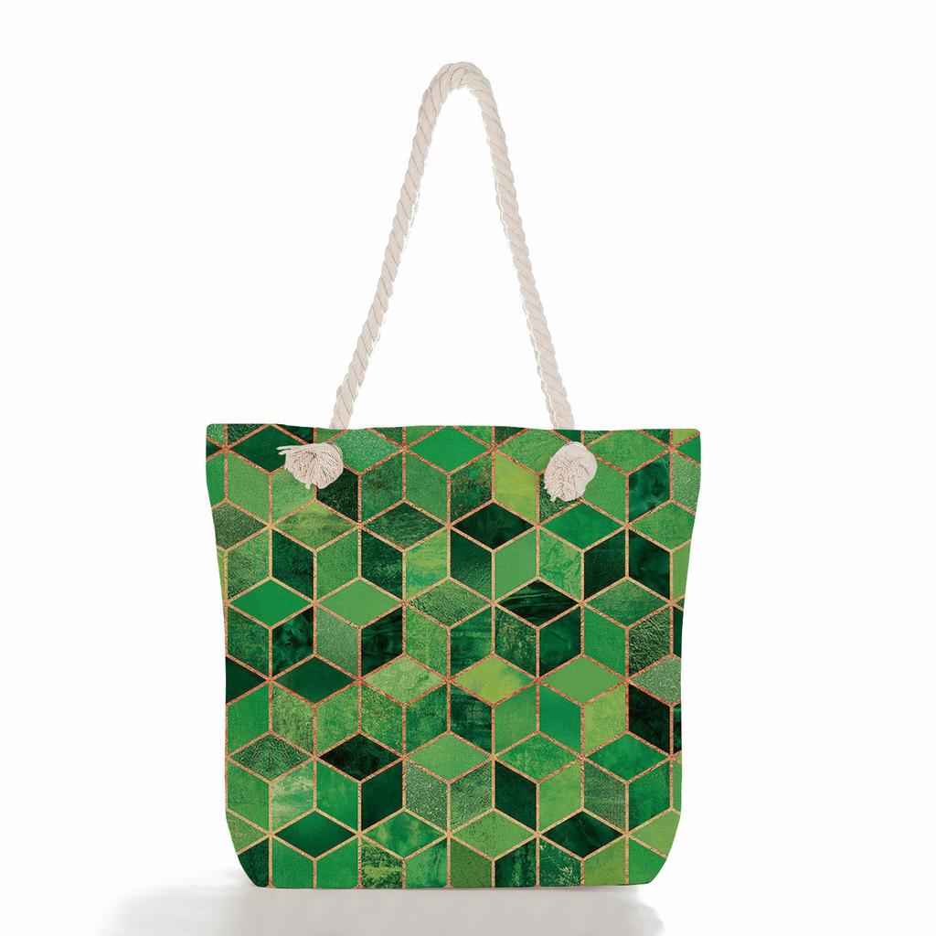 Multifunctional Geometric Shapes Printed Thick Rope Shoulder Beach Bag Casual Large Capacity Handbag 7591