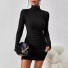 Mode Rollkragen Damen Strick Kurzkleid Herbst und Winter Neu Langarm Rippstrick Hüftbetont Lässige Partykleider Bodycon Schlichte Kleidung 2708
