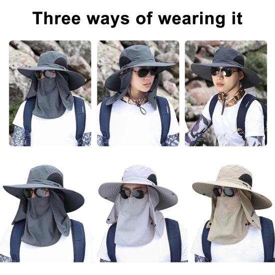 Men Fisherman Hat Wide Brim Breathable Mesh Design Quick-Drying Bucket Hat with Neck Shawl Face Guard Outdoor Fishing Hat
