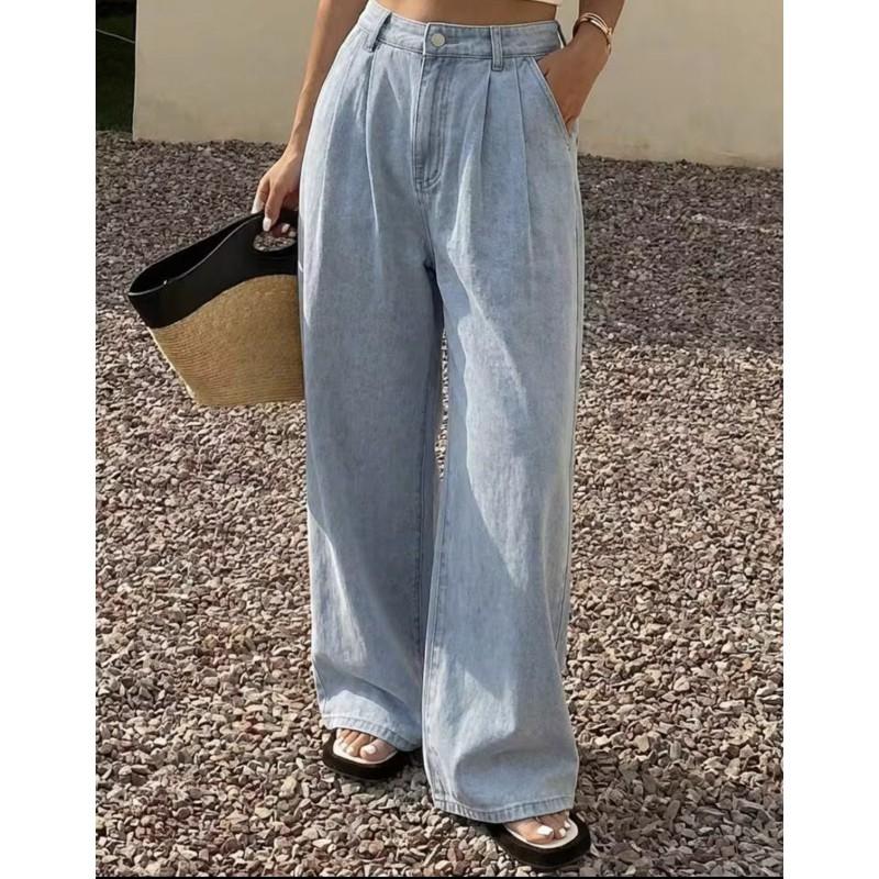 Light Blue Washed Pleated Wide Leg Jeans High Waist Loose Straight Trousers Women Streetwear 2026