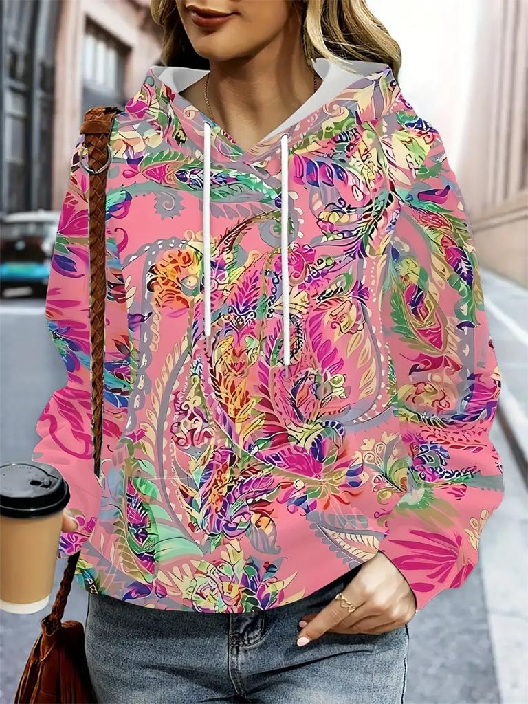 Women's Casual Sweatshirt Pink Bottom Colorful Paisley Swirl Pattern Print Casual Fashion Hooded Sweatshirt
