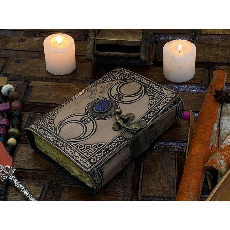 Triple Moon Goddess Vintage leather Journal blank spell Book of shadows Grimoire journal witchcraft supplies Wiccan journal