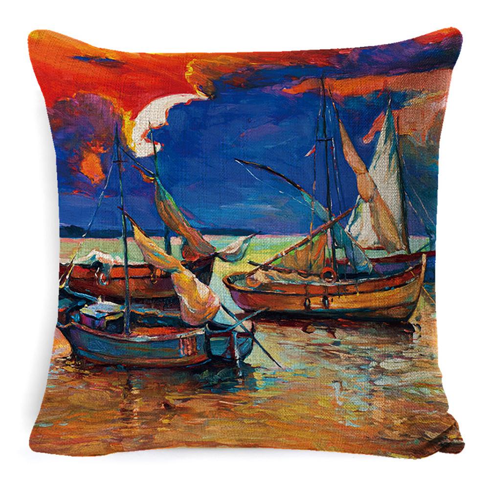 New Linen Pillow Cover Oil Painting Landscape Office Lumbar Pillow Cover Home Sofa Pillow Home Pillow