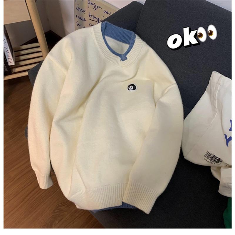 Men's Fake Two Piece Knit Sweater Crew Neck Casual Embroidered Pullover