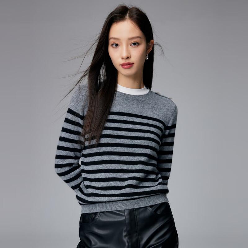 Luxury 100% Cashmere Striped Jacquard Crew Neck Sweater