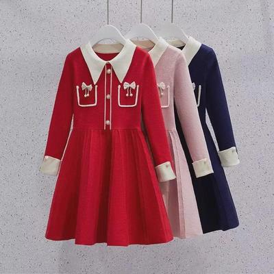 Stylish Knitted Princess Dress for Girls - Red Sweater Skirt for Spring, Autumn, and Winter