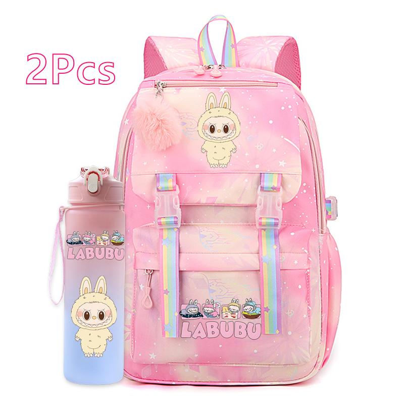2Pcs/set Cute Cartoon Printed Backpack with 750Ml Outdoor Sports Water Bottle Student Girl Boy Schoolbag Large Capacity Travel Bag Gift