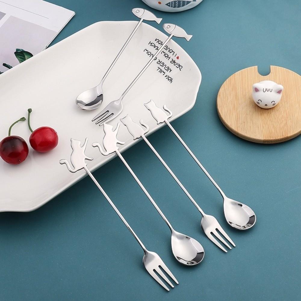 Cartoon Hanging Cup Teaspoons Stainless Steel Cat Fish Design Fruit Dessert Fork Smooth Edges Coffee Stirring Spoon Fruit Eating