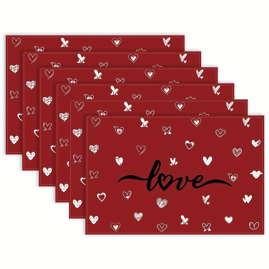 4/6pcs Set Valentine'S Day Red Background with White Hearts And Love Pattern Placemats Suitable for Home Kitchen, Dining Room, Party