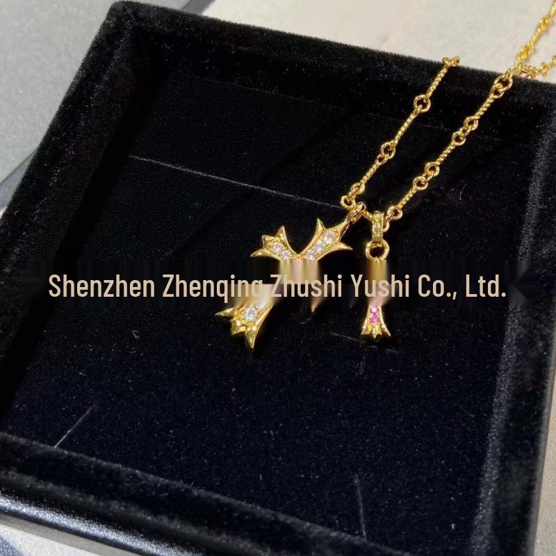 V Gold High Edition Double Cross Necklace with 18K Gold Plating & Multi-Color Diamond Pendant