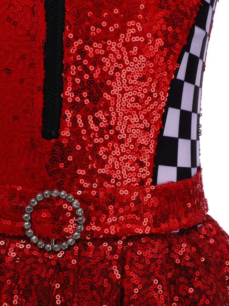 Fantasia de Piloto de Carro de Corrida para Meninas Lantejoulas Patchwork Gola Alta Sem Mangas Zíper Frontal Cinto de Strass Vestido Bufante