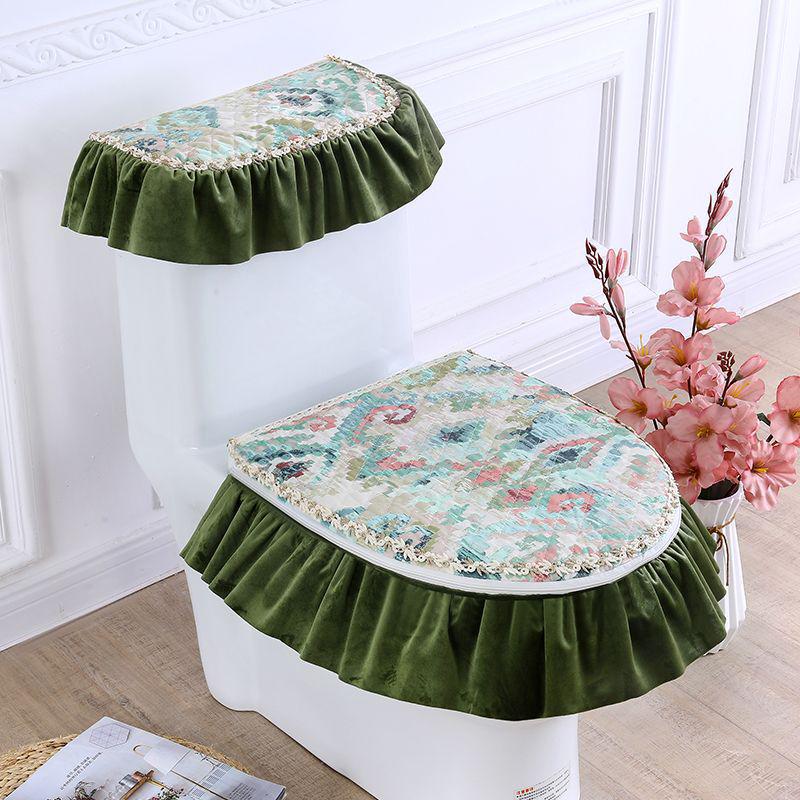 Universal European Style Double-Sided Toilet Seat Cover Set with Zippered Lace Fabric - All Seasons, Three-Piece Set.