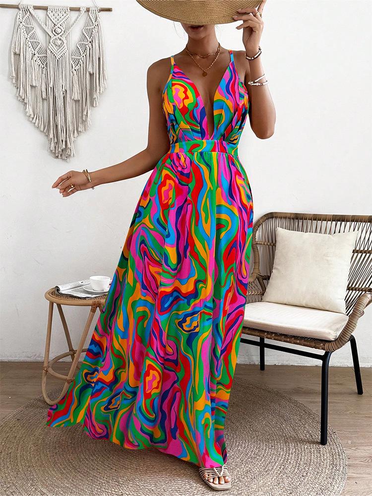 Europäisches & Amerikanisches Batik-Regenbogenmuster Ärmelloses Maxikleid