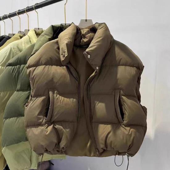 Women Down Vest Stand Collar Sleeveless Zipper Closure Winter Waistcoat with Pockets Solid Color Casual Loose Fit Short Jacket