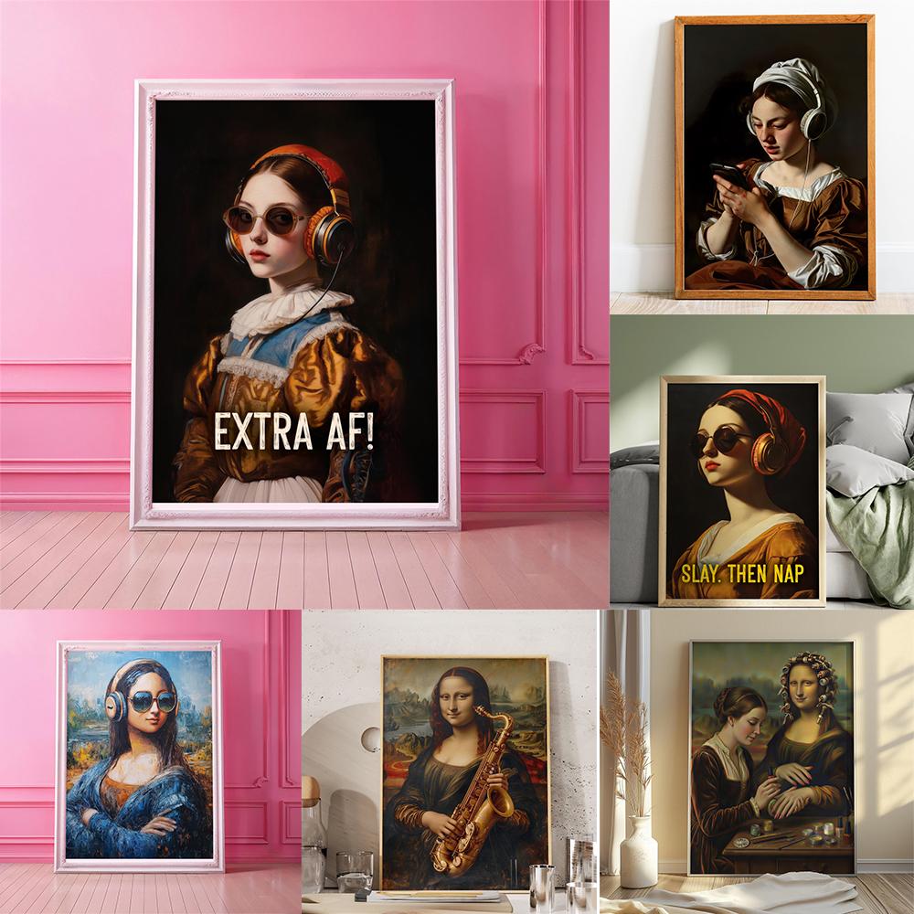 Modern Mona Lisa Art Print Poster Music Lover Wall Art Canvas Painting Headphones Sunglasses Funny Classic Art Poster