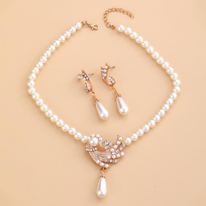 Pearl Necklace Earrings Set For Girls All  Novel Alloy Gold And Silver Two-Piece Set