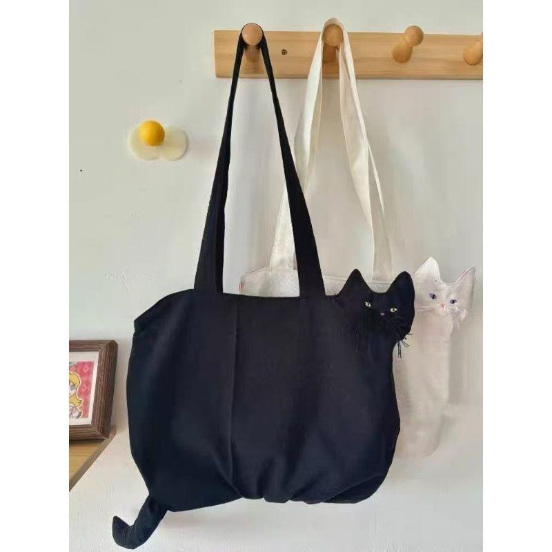 100% Cott Bag 2026 New Fashi Simple Cat Vintage High-Capacity Shoulder Bag Handbag Mori Girl чёрный