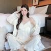 Women’s Spring Autumn Lace Ice Silk Pajama Set Sexy Camisole Top, Long Pants and Robe Three-Piece Loungewear