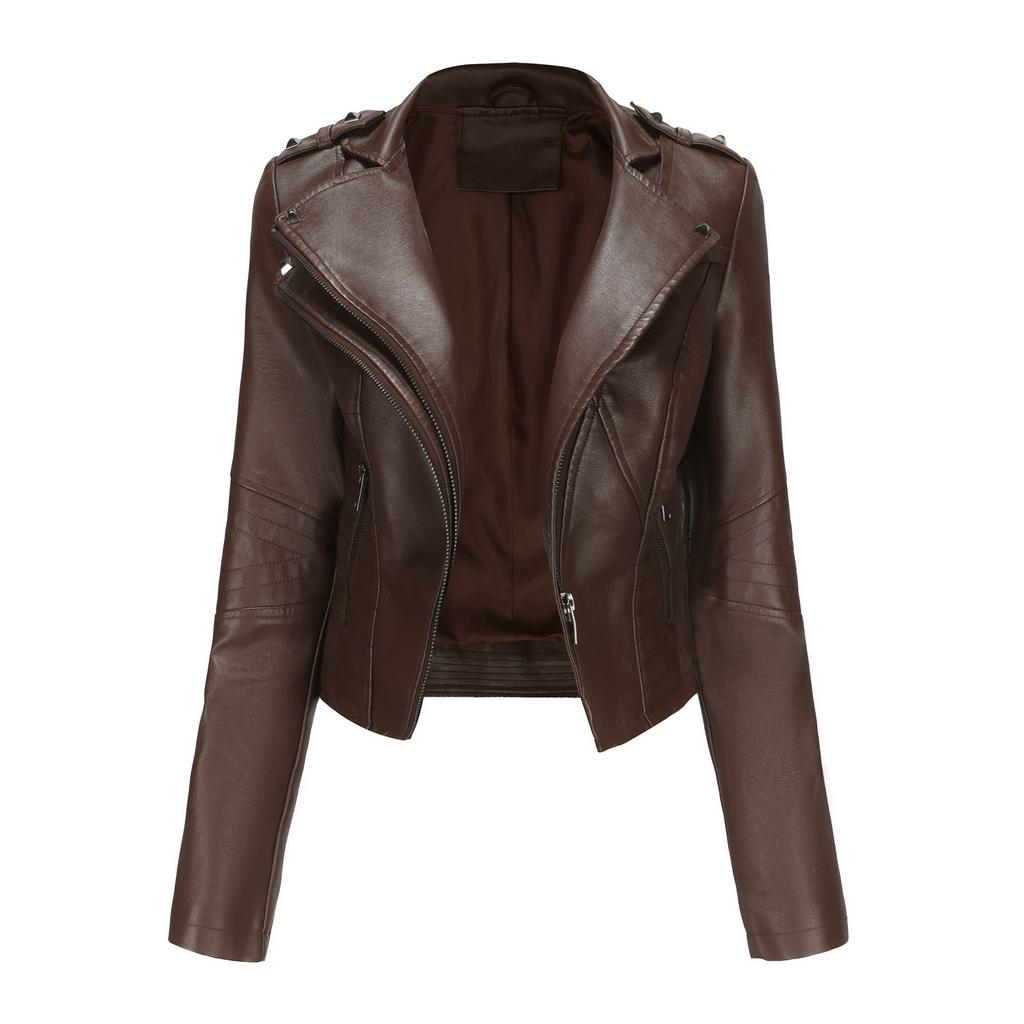 Slim Fit Long Sleeved Spring and Autumn Leather Jacket Women's Rivet European and American Popular Short Jacket Zipper Leather Jacket