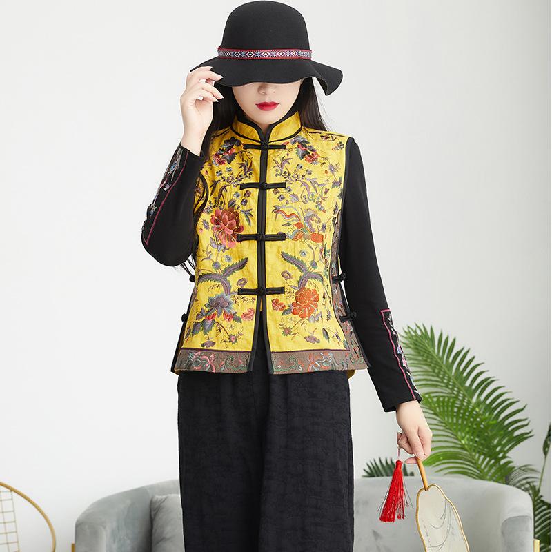 Gilet Senza Maniche da Donna Collo alla Mandarina Gilet Ricamato Etnico Retro con Bottoni a Rana Aperto Davanti Top