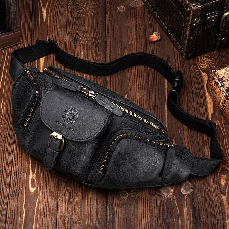 A Multi-functional Men's Waist Bag with A High-end Feel, Large-capacity Genuine Leather Motorcycle Chest Bag