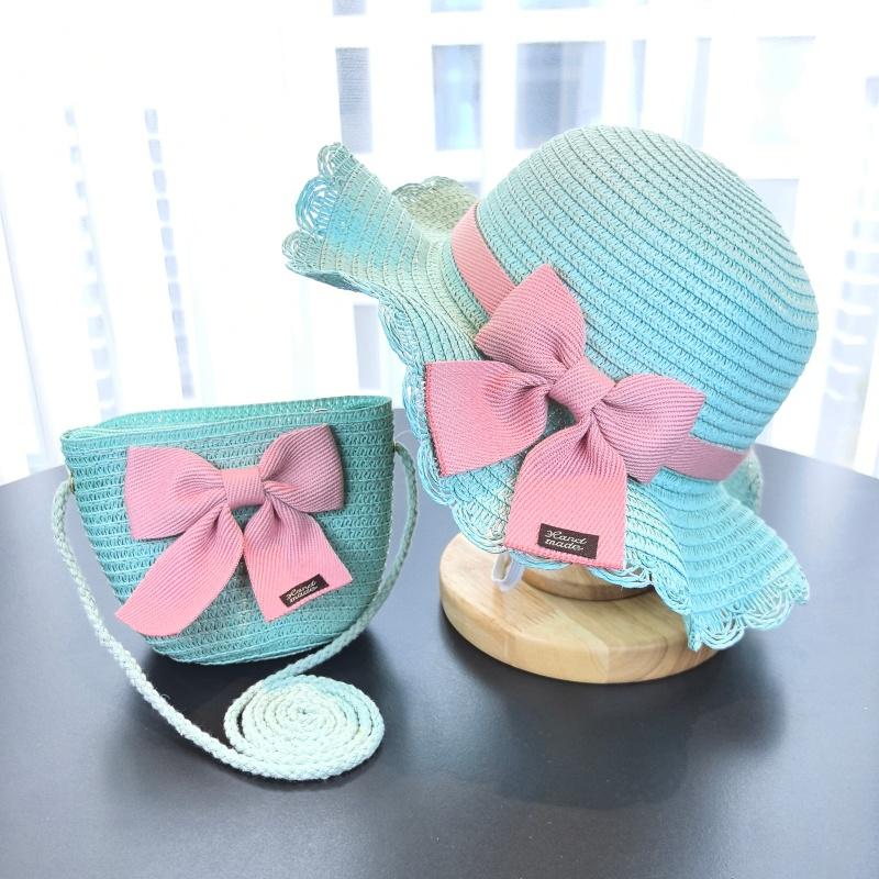 Girls 2pcs Straw Hat Solid Color Outdoor Travel Sun Hat Floral Fisherman Style Children's Fashion Accessory for Girls