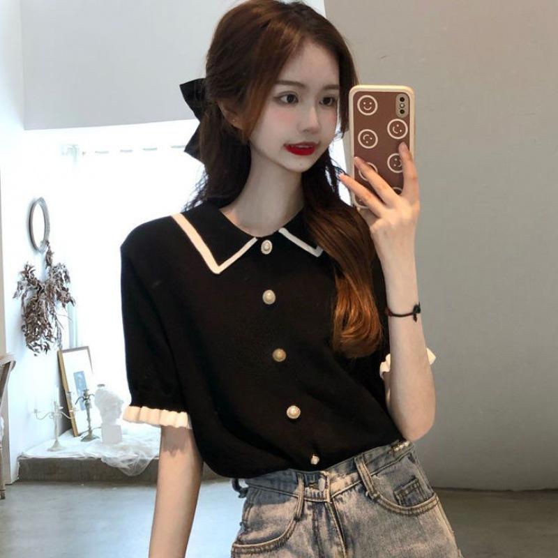 Women's Short Sleeve Lace Knit Top - Color Block, Gentle Summer Doll Style