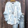 Women Shirt V-Neck 3/4 Ruffle Sleeves Floral Print Anti-Wrinkle Bohemian Blouse Loose Fit Ultra Lightweight Beach Shirt