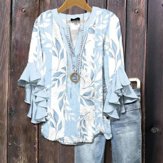 Women Shirt V-Neck 3/4 Ruffle Sleeves Floral Print Anti-Wrinkle Bohemian Blouse Loose Fit Ultra Lightweight Beach Shirt