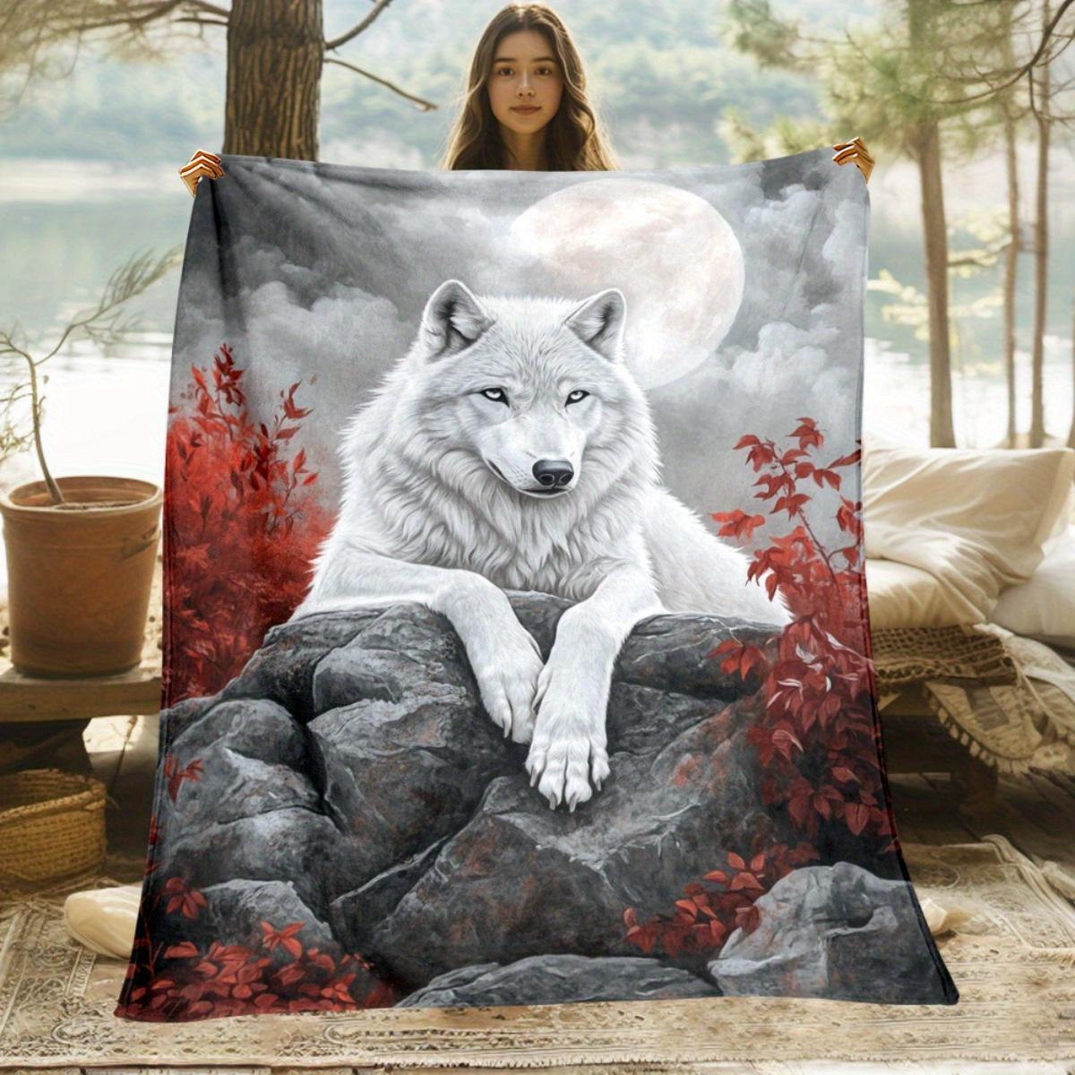 Wolf Under Full Moon in Snow Blanket - Lightweight Flannel Throw with Majestic White Wolf & Red Foliage Digital Print, Soft Warm Size: 75*100cm, Weight: 230 GSM