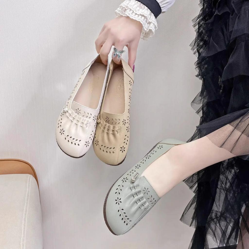 Fashion Leather Casual Women's Flat Shoes Round Toe Low Heel Elegant Beige Vacation Chic Luxury Brand 2025 Trend Social Ladies Footwear