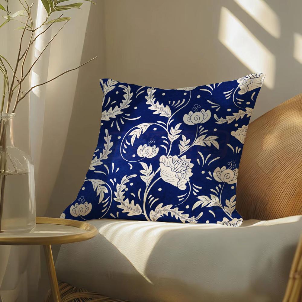 Ethnic Style Blue Floral Pillow Case Silky Elegant Comfort Sofa Bed Invisible Zipper