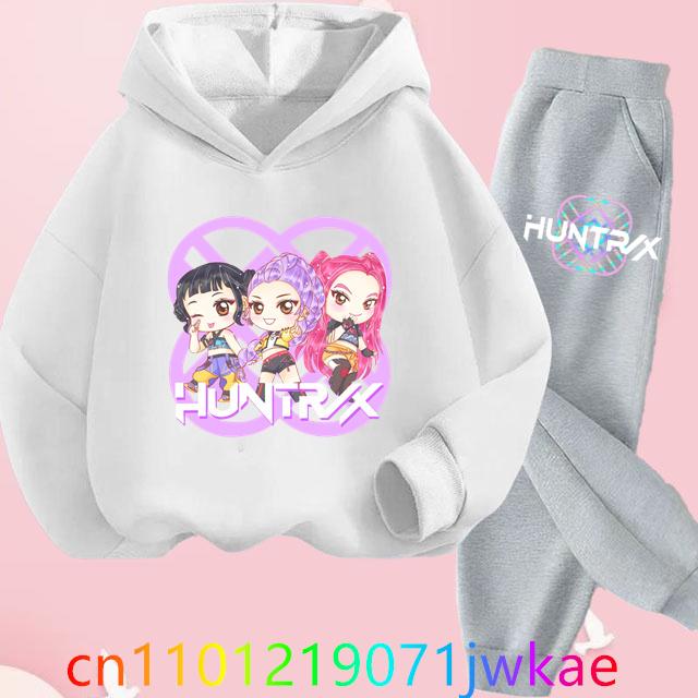 Teen KPop Demon Hunters Hoodies+Pants Sets Boys Girls Korean Anime Movie Hoody Fashion Long Sleeve Kids Hooded Sports Suits