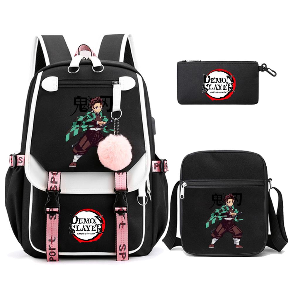 3 Stück/Set Anime Cartoon Demon Slayer Aufdruck Rucksack mit Umhängetasche für Teenager Schüler Große Kapazität Wasserdicht Schultasche Mochila