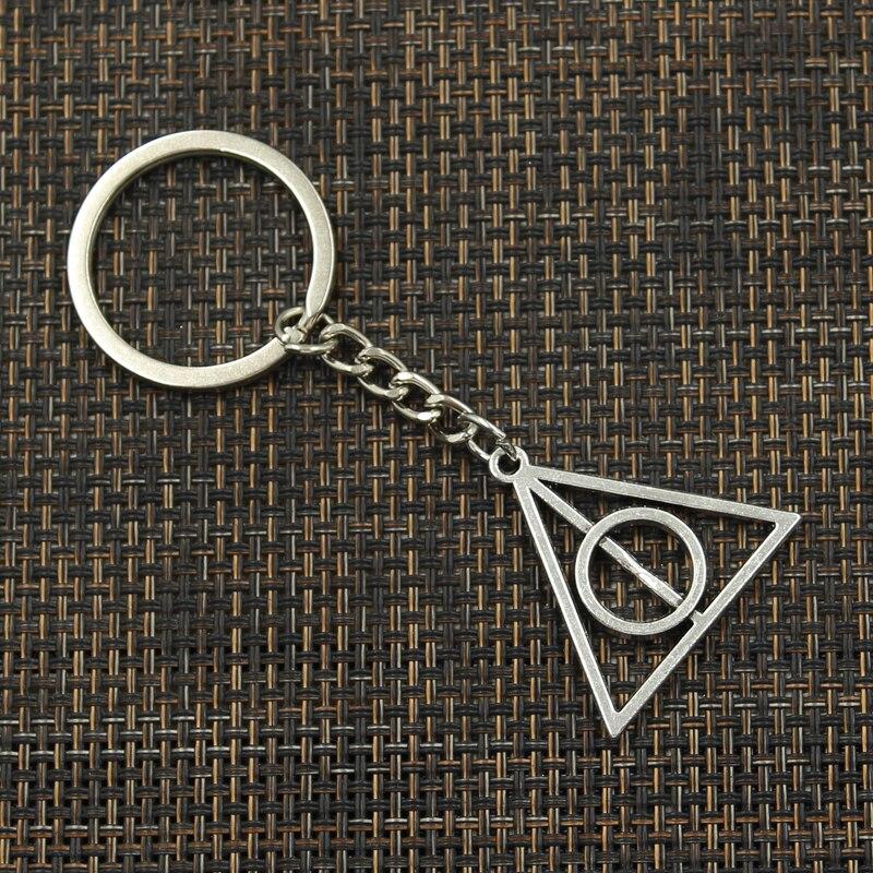 Fashion 30mm Key Ring Metal Key Chain Keychain Jewelry Antique Bronze Silver Color Plated Deathly Hallows 32x31mm Pendant