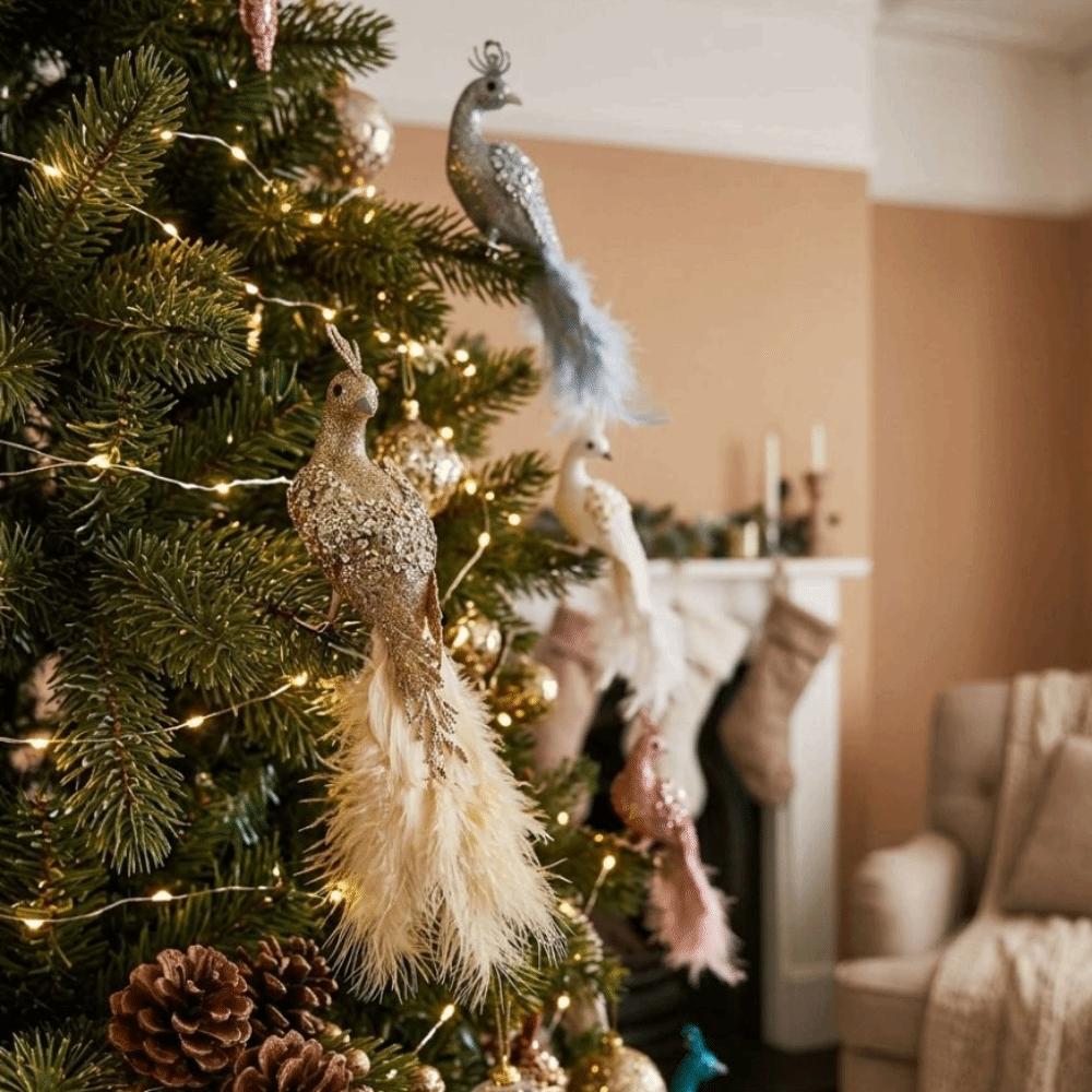 Realistic Christmas Tree Peacock Ornaments Built-In Clip Xmas Glitter Peacock Decor Christmas Tree
